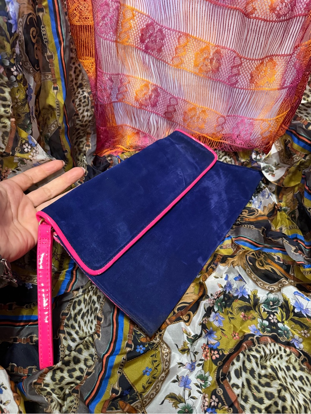 Sony Costumes Y2K Blue Velvet Clutch with Pink Trim